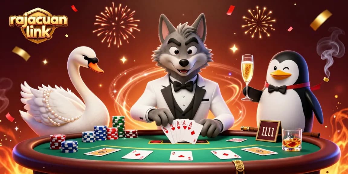 Gambarlah aksi judi dengan rajacuan link, menampilkan serigala, angsa, dan penguin di meja baccarat.