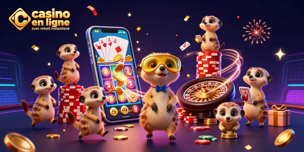 Jouer sur un casino en ligne avec retrait instantané en France avec des suricates animant l'opération.