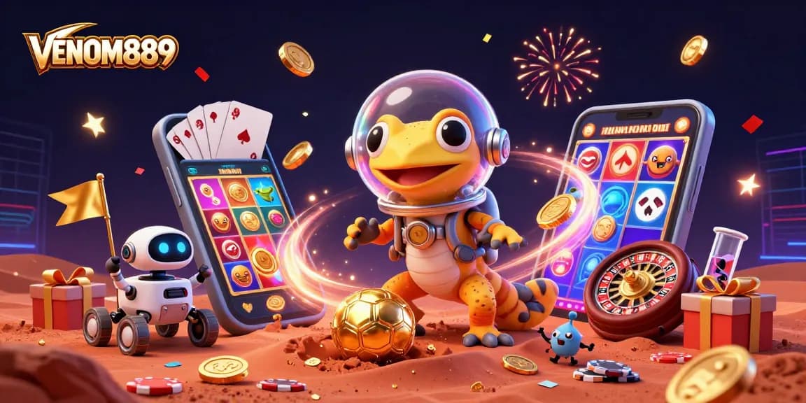 Experience thrilling rewards with VENOM889 in a vibrant, action-packed casino scene.
