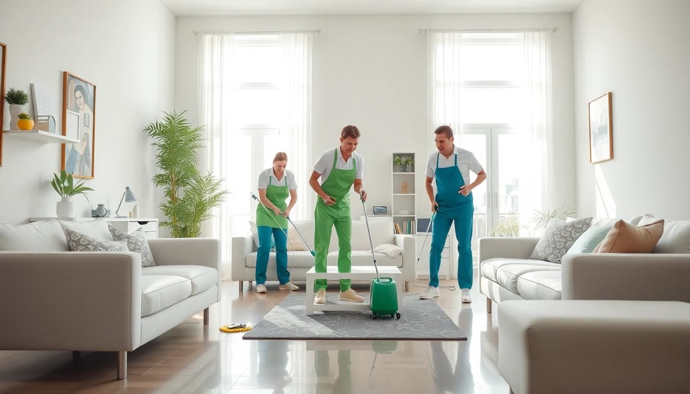 Cleaning services near me demonstrated by a professional team in a bright, tidy home.