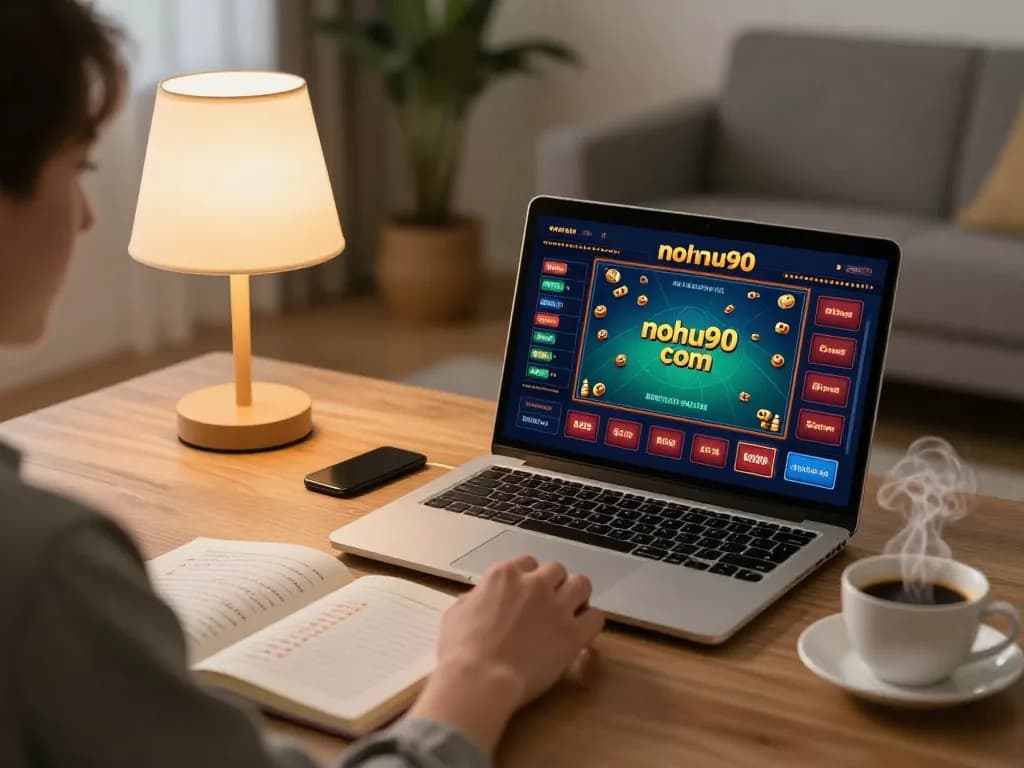 Player enjoying nohu90 com games on laptop at home, showcasing a strategic gaming atmosphere with notes and coffee