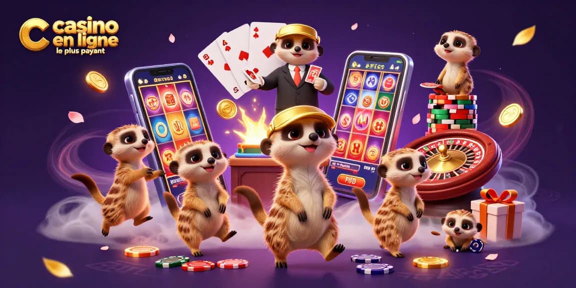 Illustration dynamique montrant le casino en ligne le plus payant avec dessuricates animant des jeux et des jetons