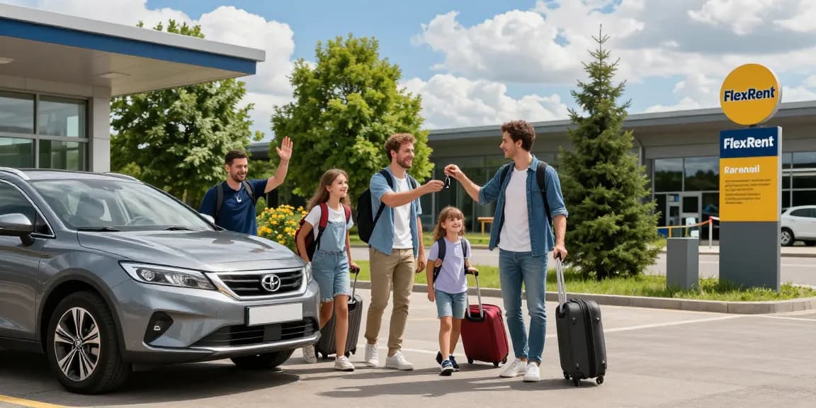 Rent a car Chișinău airport with FlexRent, family excitedly picking up their rental car outside the terminal.
