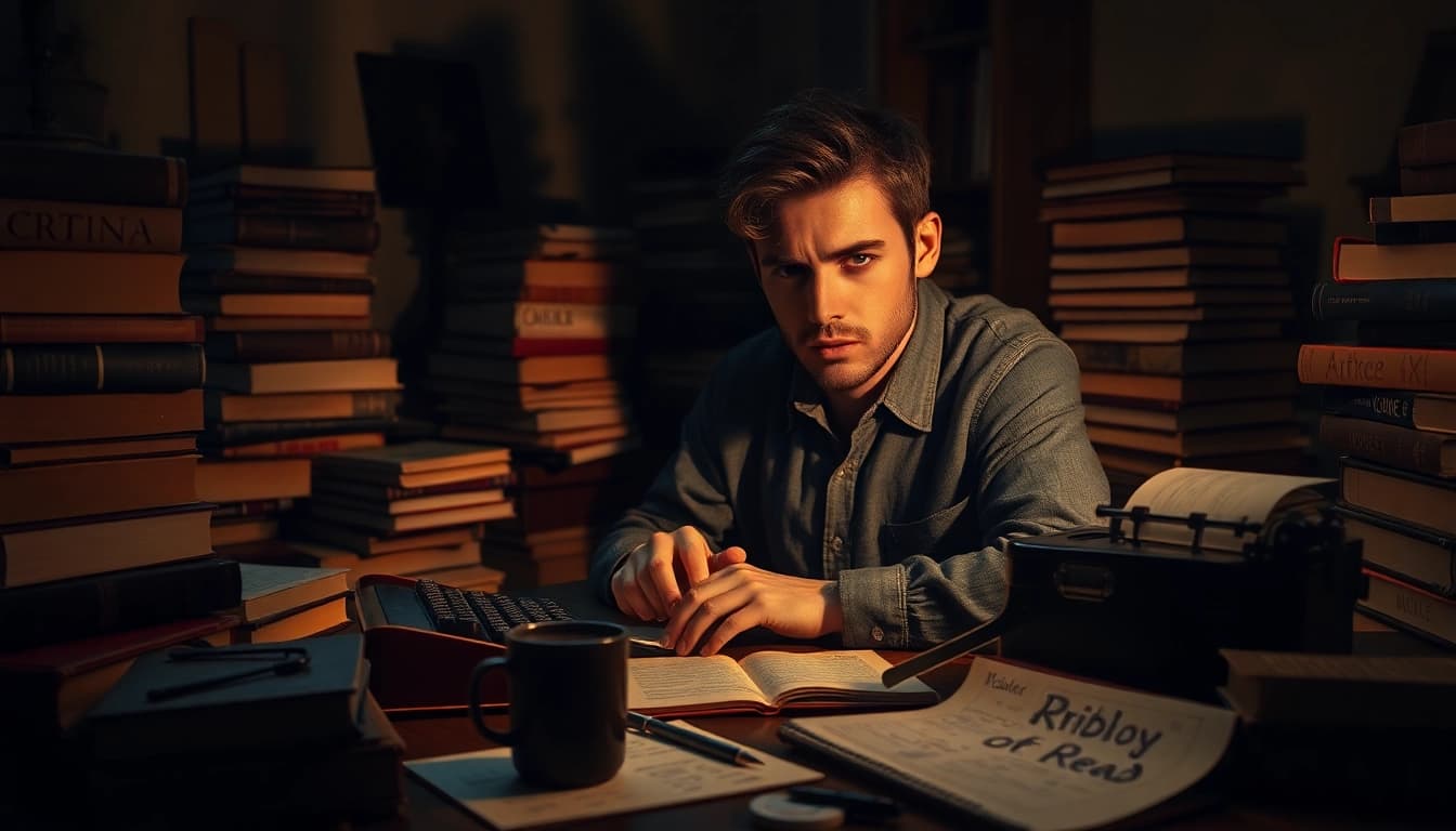 Thriller author immersed in writing with vintage typewriter and novels in a moody study.