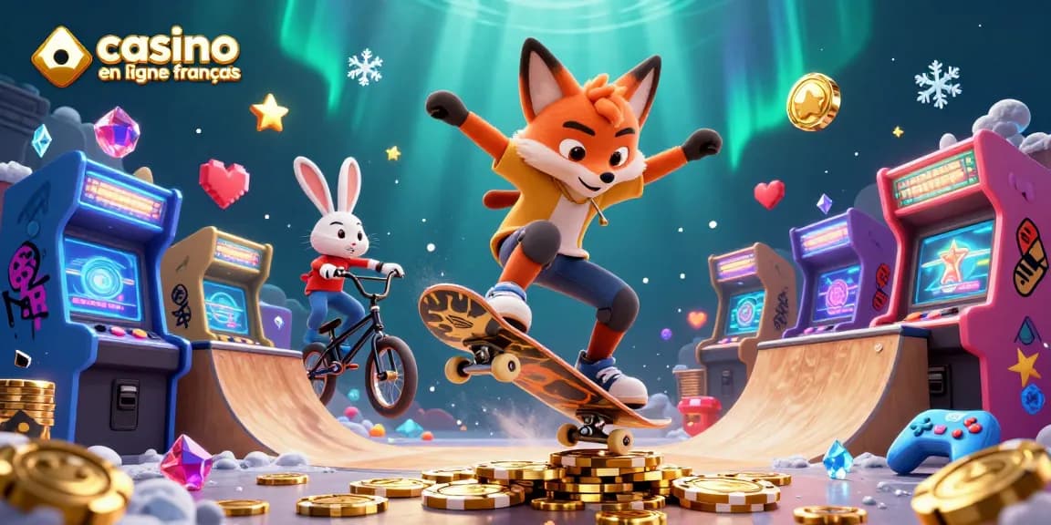 Illustration dynamique de casino en ligne français avec un renard et un lapin en skateboard et BMX.