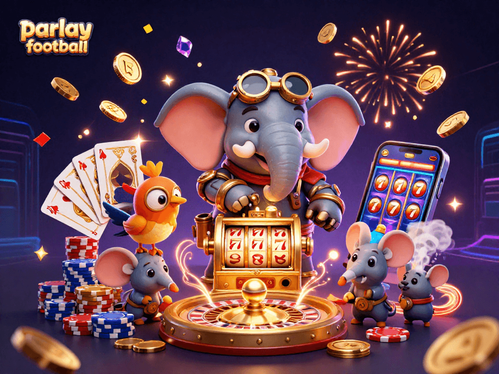 Engage in thrilling parlay football betting amidst falling golden coins and a lively casino atmosphere.