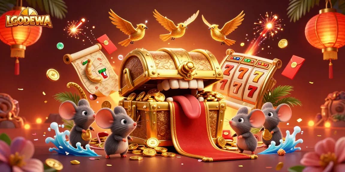 Play slots with LGODEWA in this captivating illustration, showcasing a dynamic treasure chest scene filled with riches.