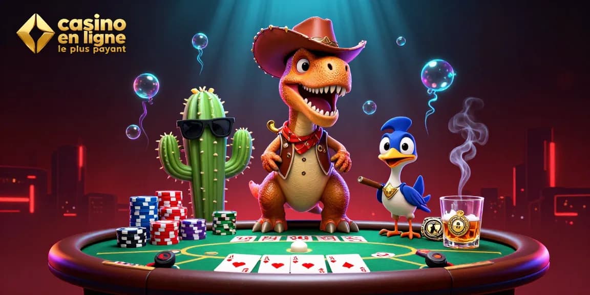 Jouer au casino en ligne le plus payant avec des personnages colorés dans une scène dynamique de poker.