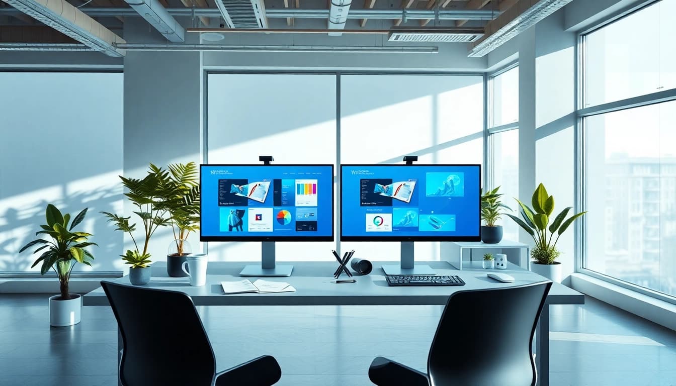 Professional workspace for thiết kế web showcasing design software and creative materials.