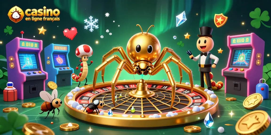 Gagner au casino en ligne français avec une araignée en or et un croupier centipède dans un décor coloré.