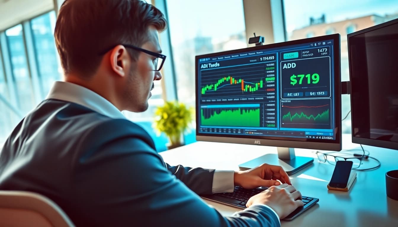 Analyze ADI stock price trends with a financial analyst in a modern office environment.