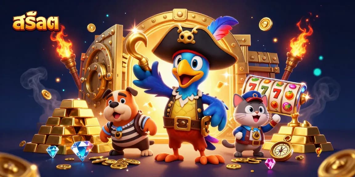 Slots themed illustration featuring pirate characters and a golden treasure vault showcasing สล็อต gems.