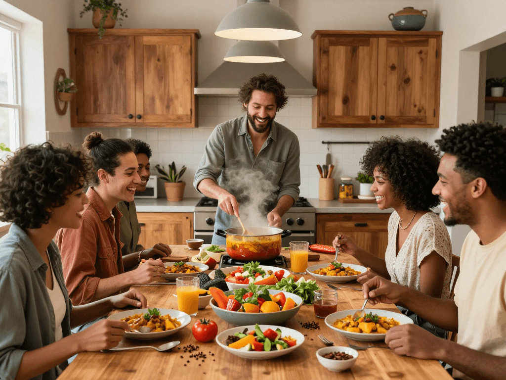 A vibrant kitchen scene with friends preparing rokok88 curry dish together, showcasing fresh ingredients and a cozy atmosphere.