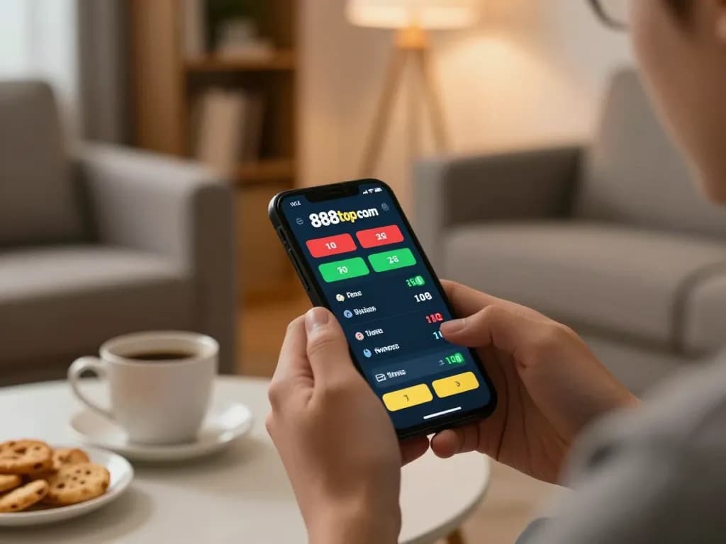 Enjoying live sports betting on 888top com with smartphone in cozy home setting