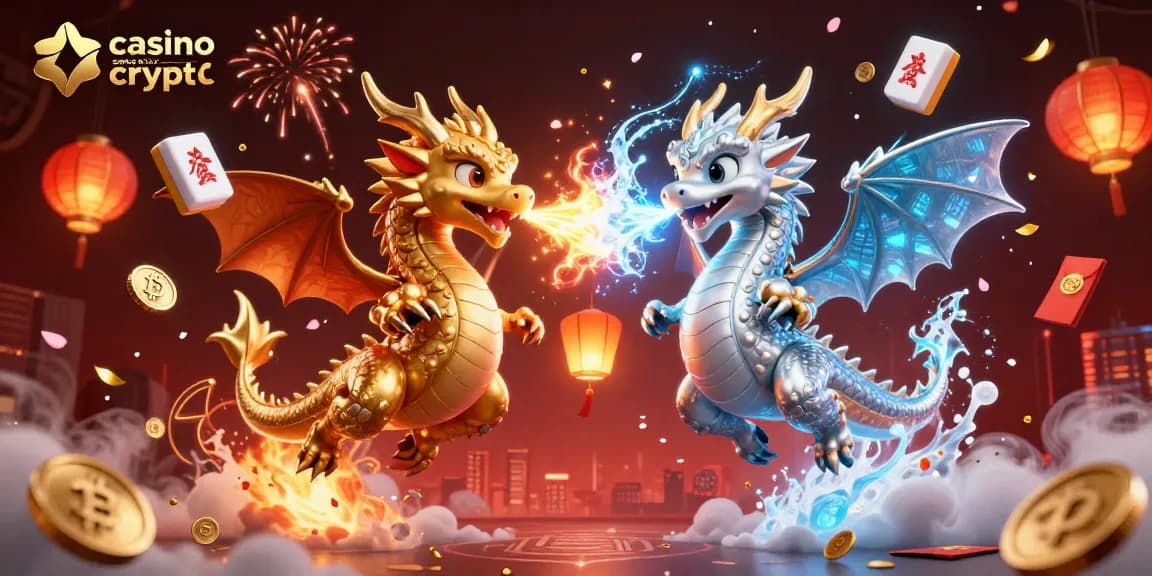 Les dragons du casino sans KYC crypto s'affrontent dans une scène dynamique avec des éléments colorés.
