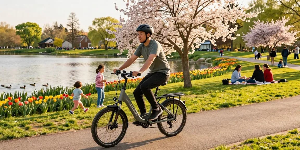 Enjoying the best electric tricycles in a sunny park setting with vibrant flowers and happy families.