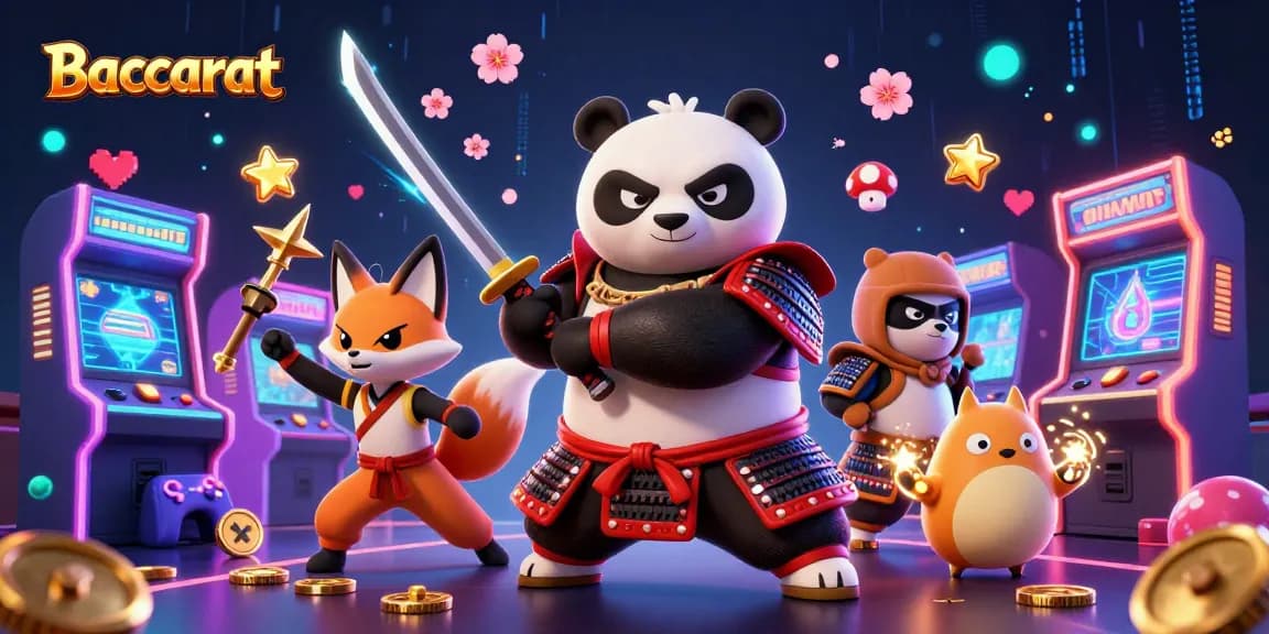 Baccarat strategy scene with a samurai panda and ninja fox characters, showcasing action-packed gambling elements.
