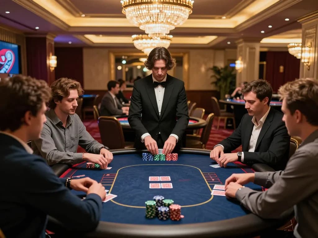 Players engaging in a strategic poker game at a luxurious casino, featuring the W 88 backdrop.