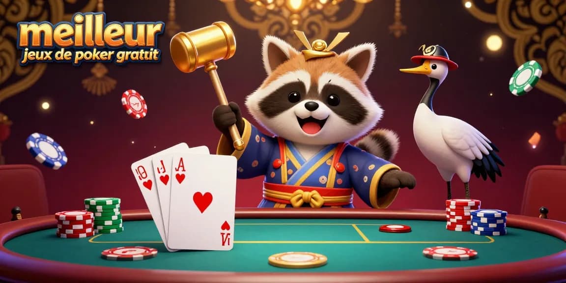 Découvrez les meilleurs jeux de poker gratuit avec une illustration dynamique de poker, des personnages captivants et des éléments festifs.