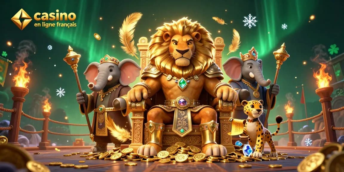 Illustration dynamique d'un casino en ligne français avec un roi lion et des jeux de casino autour.