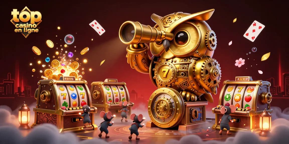 Découvrez le top casino en ligne avec une illustration dynamique remplie de machines à sous et personnages animés.