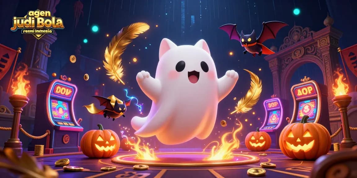 A captivating scene featuring a ghost cat and a bat in a haunted casino, promoting agen judi bola resmi indonesia with thrilling elements.