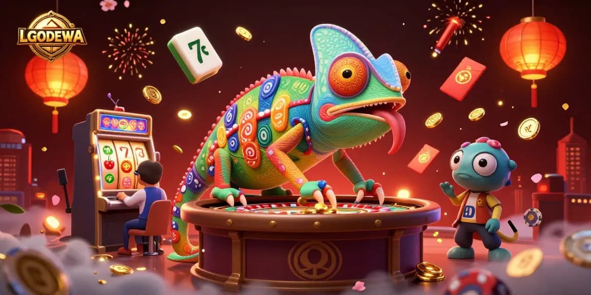 Experience thrilling slots and big wins at LGODEWA with our dynamic casino scene illustration.