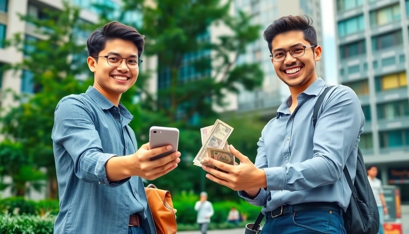 Receive instant phone cash through a simple smartphone exchange in a lively urban scene.