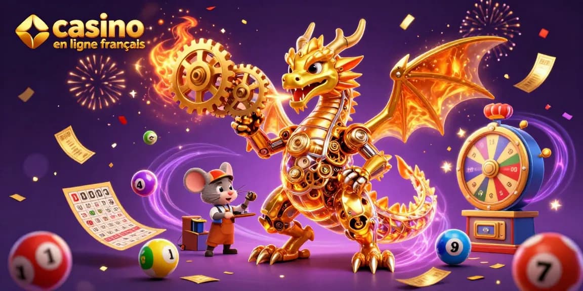 Jouez au casino en ligne français avec le dragon doré et les éléments de loterie animés.