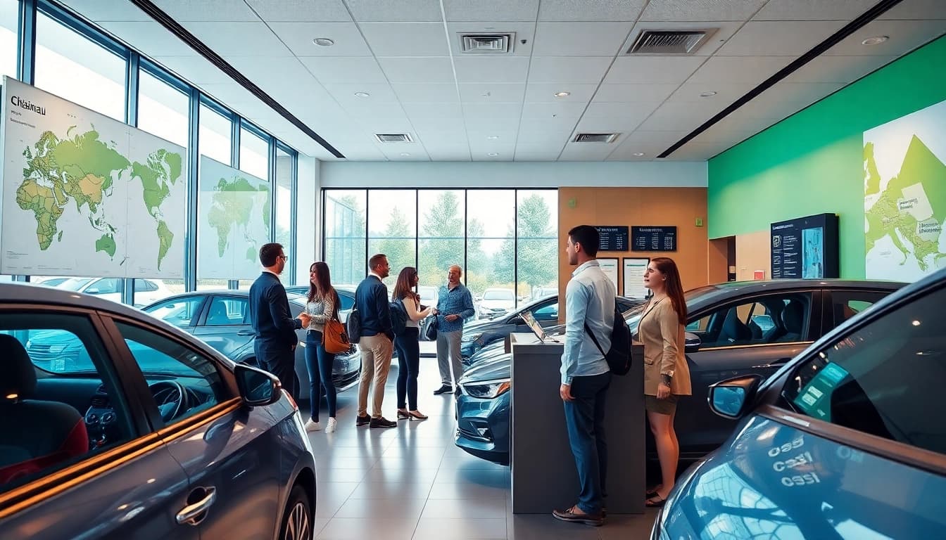 Rent a car Chisinau: Modern rental office scene with diverse travelers and vehicles.