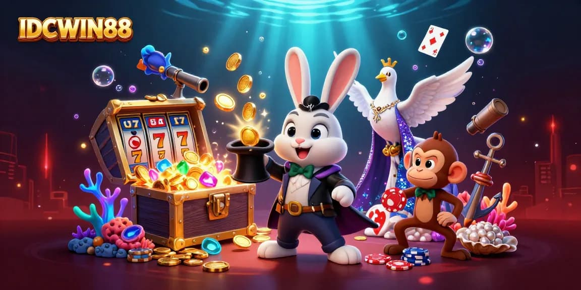 Engage in exhilarating gaming with IDCWIN88, featuring a magical scene with a rabbit pulling golden coins.