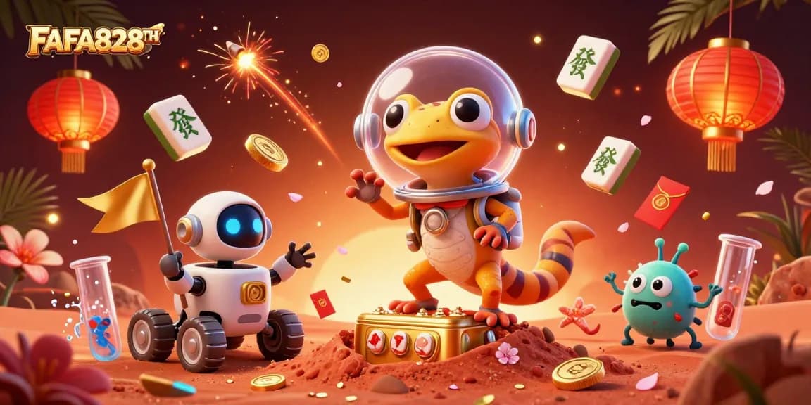 Join FAFA828TH's Martian gecko adventure amidst gold coins and glowing casino treasures.