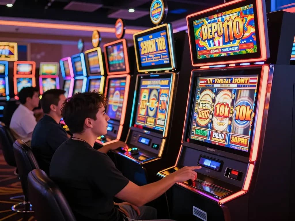 Players enjoying slot machines with minimal deposit options in a lively casino setting, slot depo 10k excitement visible.