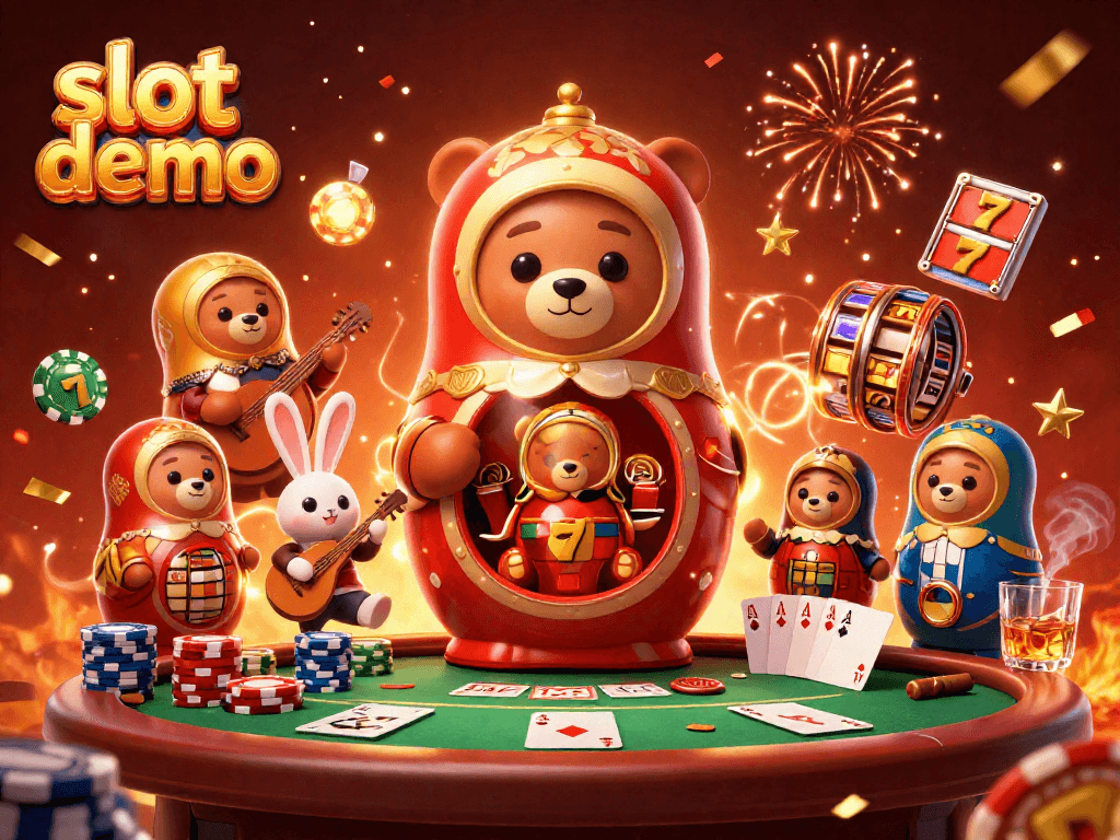 slot demo menunjukkan ilustrasi kasino menampilkan beruang Matryoshka dan elemen permainan menarik.