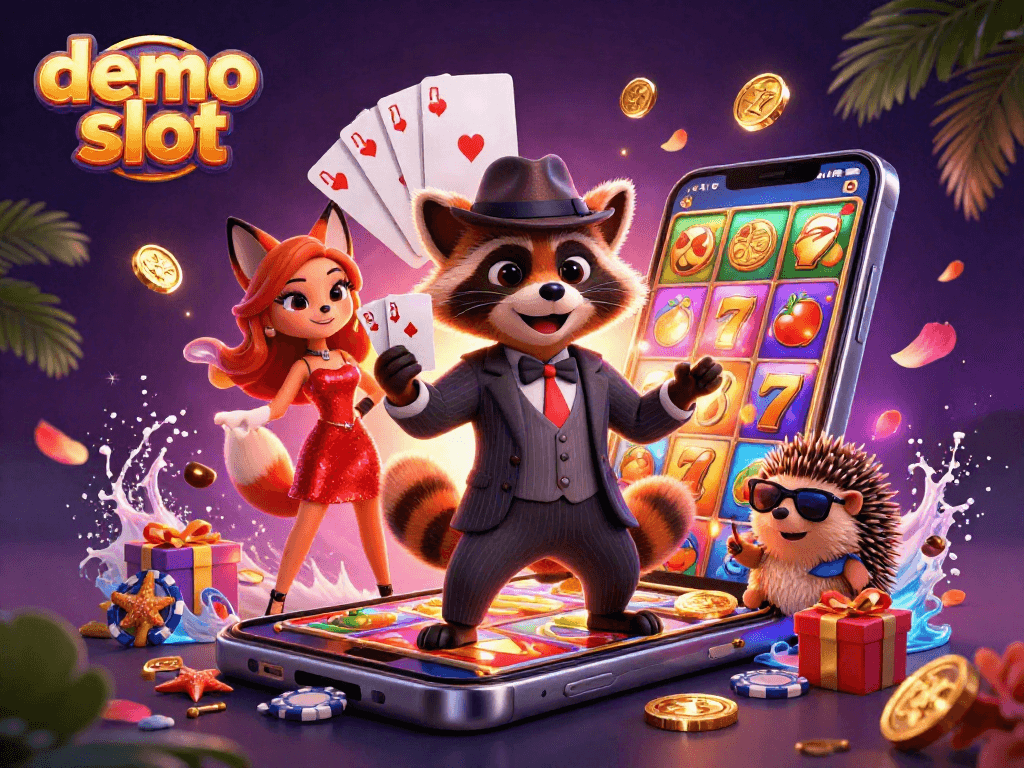 Engage in the demo slot experience with lively characters, spinning reels, and vibrant casino elements.