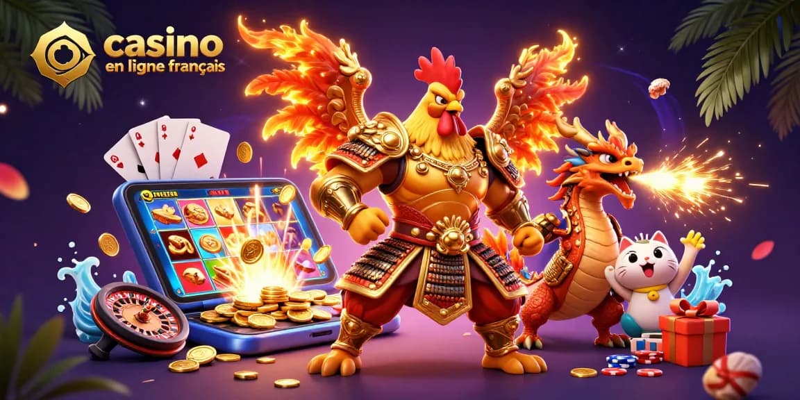 Jouer sur un casino en ligne français avec un guerrier et un dragon dans une illustration dynamique.