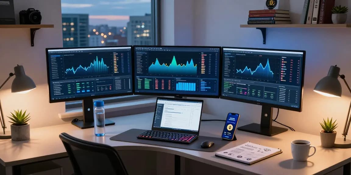 Passive bitcoin mining strategy displayed on multiple monitors in a crypto trading workspace