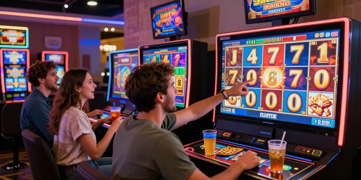 Engaged group celebrating a big win while playing slot online in a vibrant casino atmosphere.