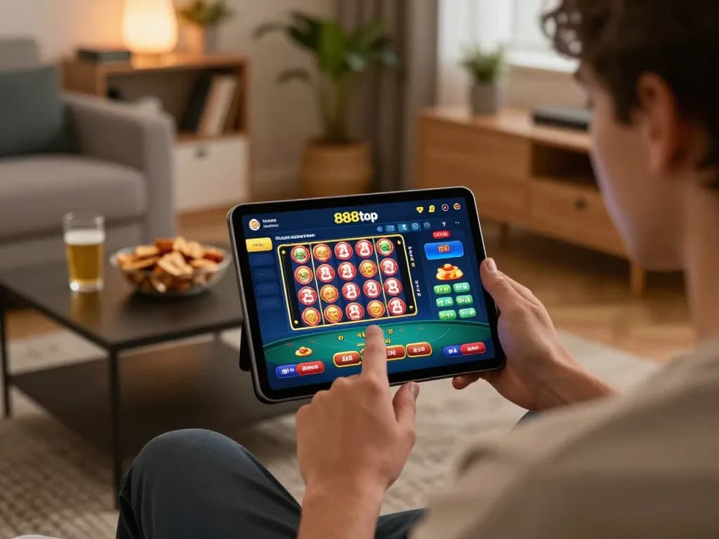 Player enjoying the 888top casino app on a tablet in a cozy home environment