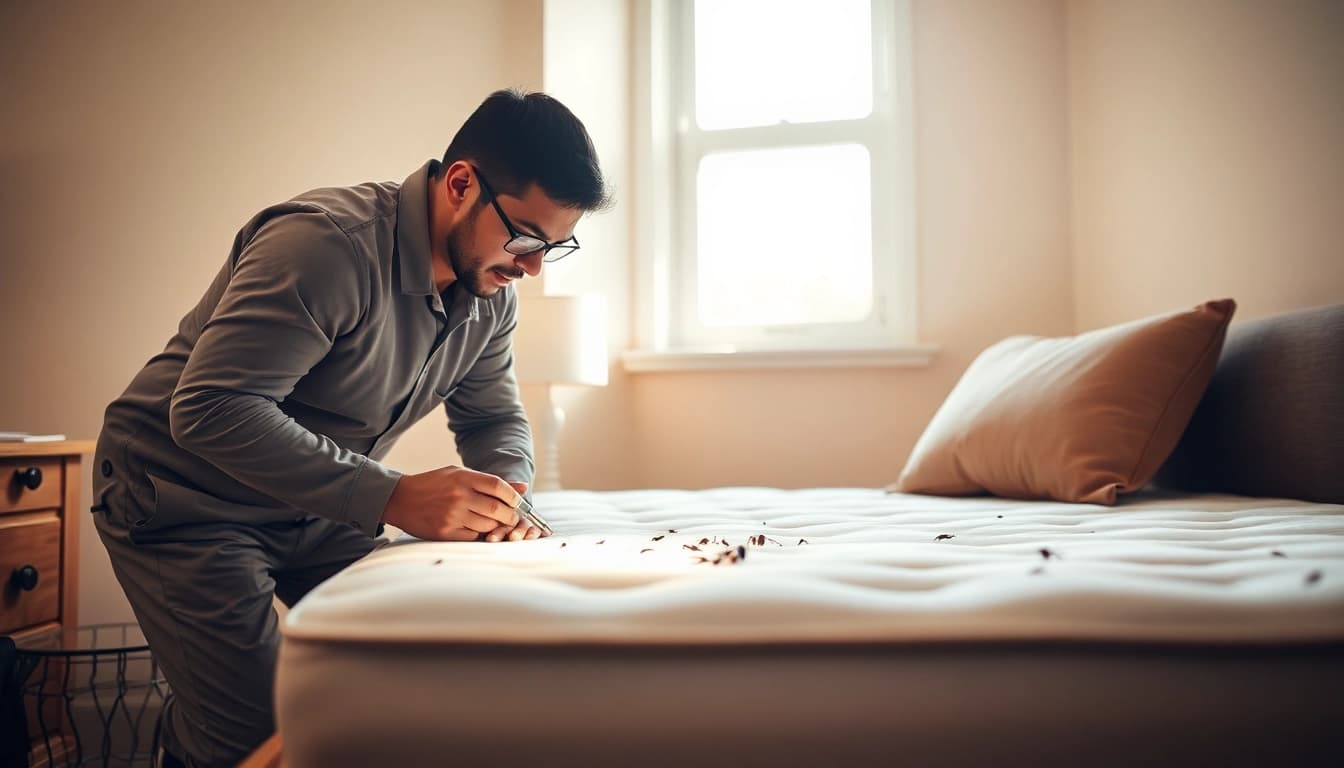 Technician performing bed bug removal inspection on a mattress in a well-lit bedroom.