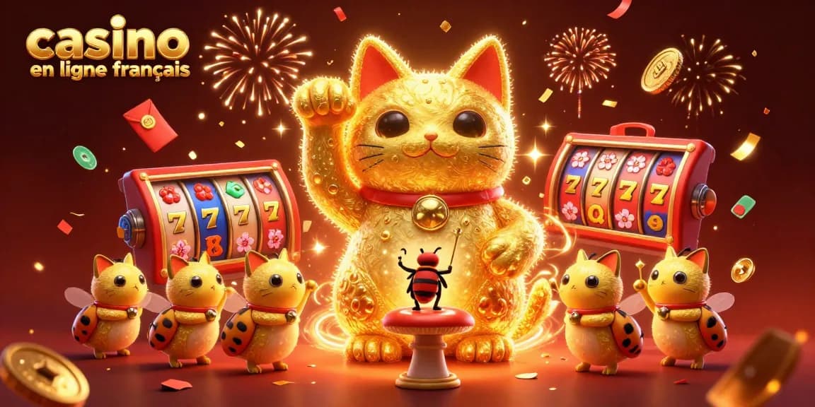 Jouez avec des symboles de casino en ligne français autour d'un chat porte-bonheur animé.