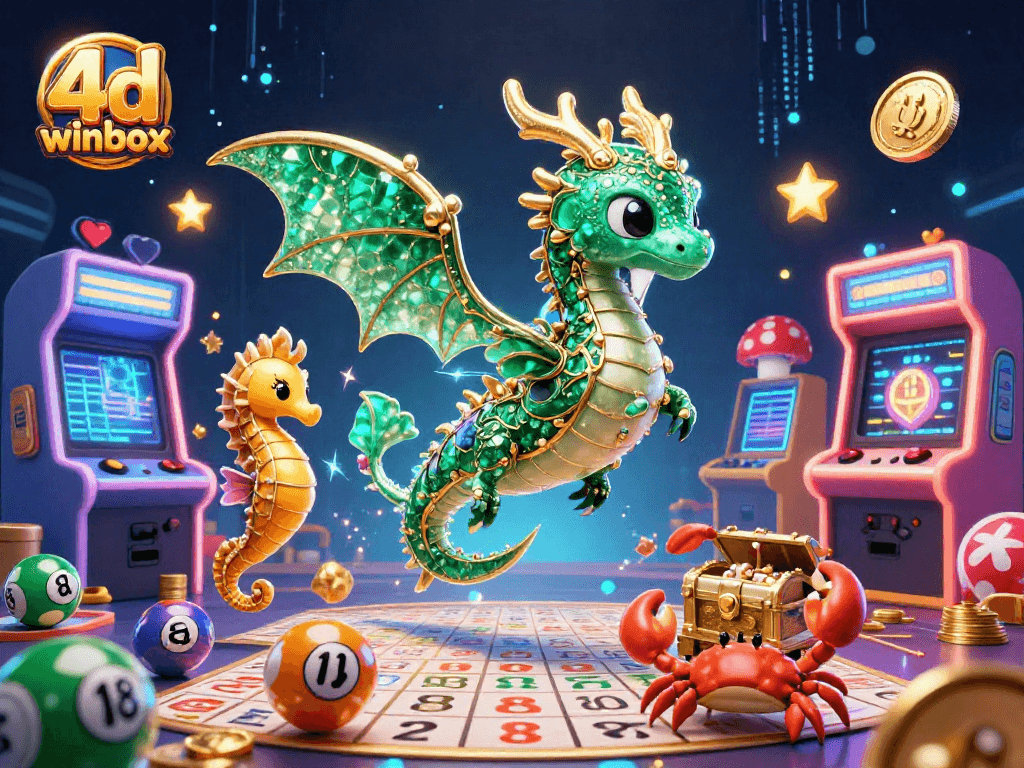 Engage with 4d winbox through vibrant lottery-themed 3D illustration, featuring sea dragon and treasures.