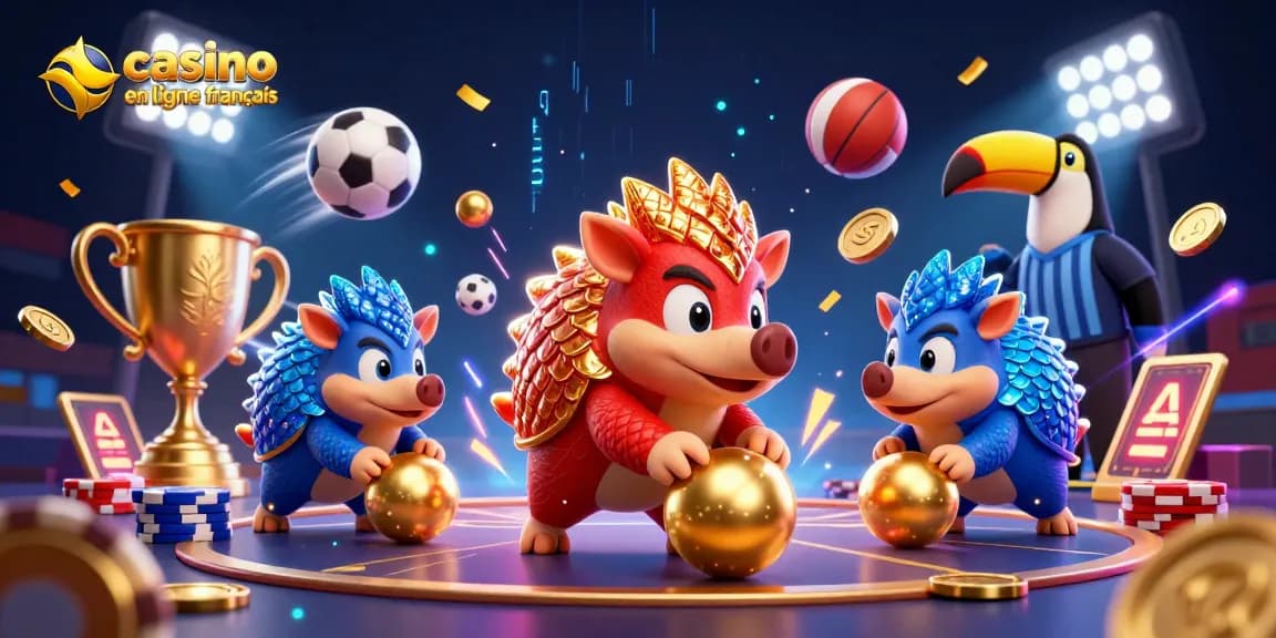 Jouez à un casino en ligne français avec des pangolins se défiant au bowling de jetons de poker.