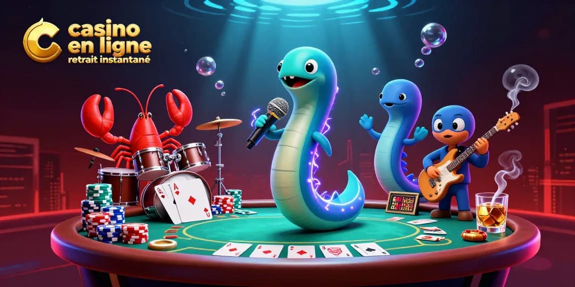 Une illustration d'un casino en ligne retrait instantané avec une anguille DJ et un groupe sous-marin.