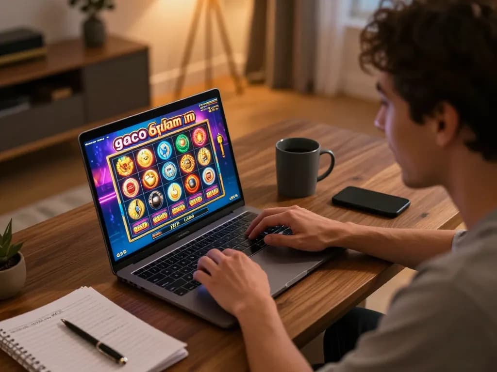 Engaging in slot gacor malam ini with vibrant online gaming setup and cozy atmosphere
