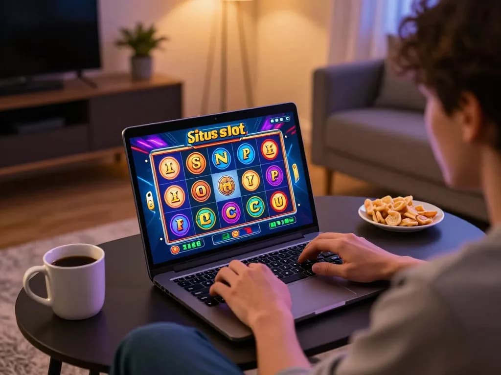 Engaging with situs slot options on a laptop in a cozy home gaming setup