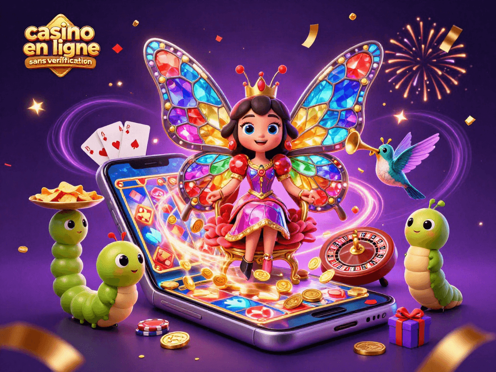 Jouez à un casino en ligne sans vérification avec une reine papillon et des éléments de jeu colorés.