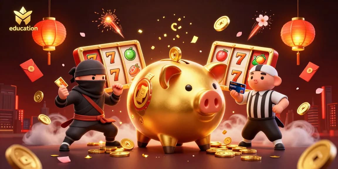 Engaging illustration of education-driven casino scenes featuring action-packed characters and golden slot machines.