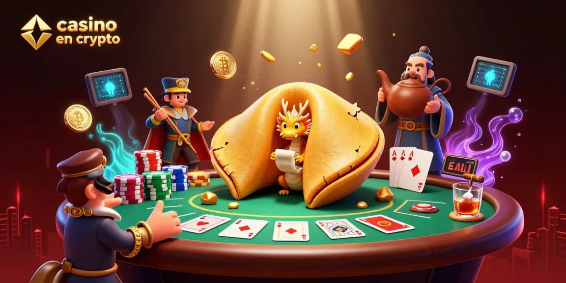 Illustration captivante d'un casino en ligne crypto avec un dragon sage, des jetons de poker, et des pièces de Bitcoin.