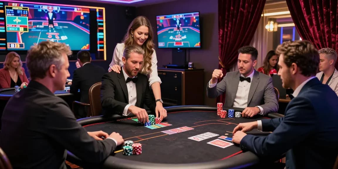 Engaging live casino gaming environment with players and dealers in action.